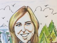 caricature of Tracy Streckenbach hiking by waterfall